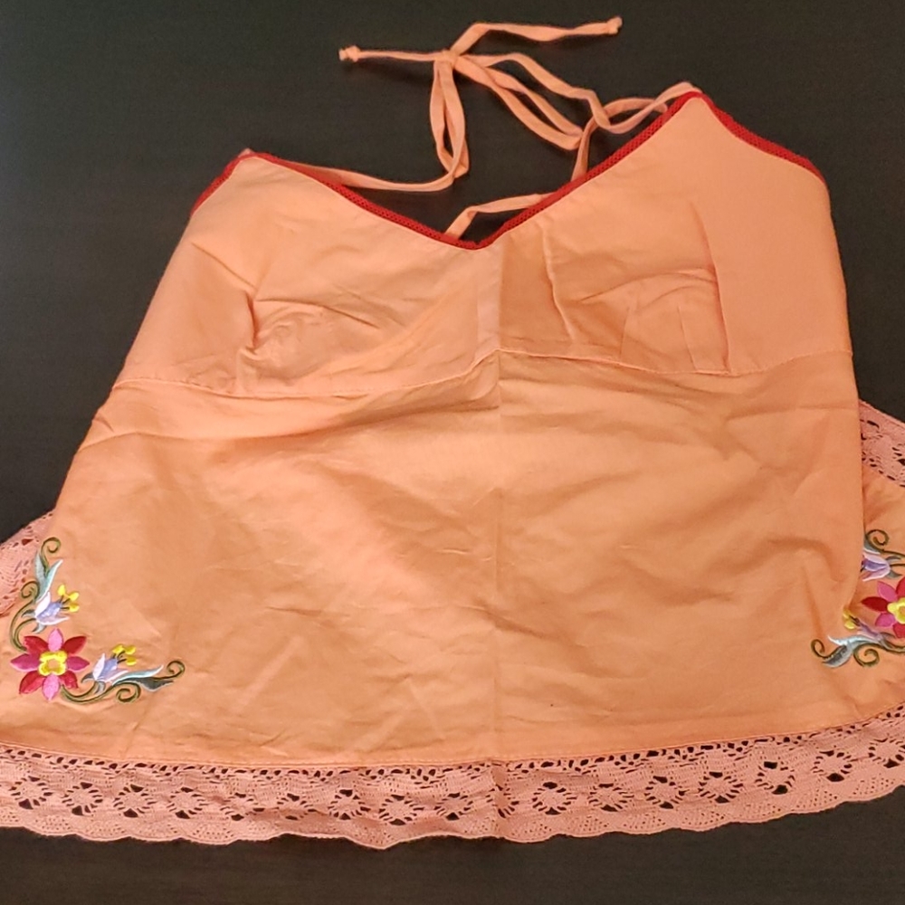 Tank top, orange, open back with flowers